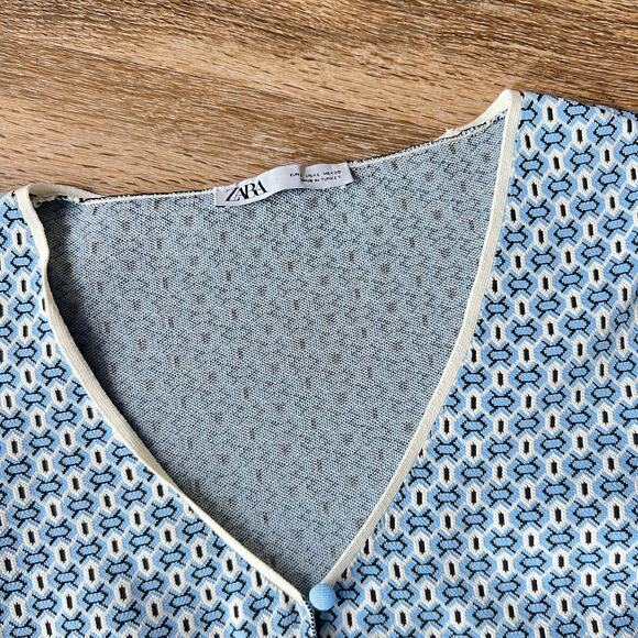 Zara Light Blue Geometric Cropper Button Cardigan Flare Sleeved - Picture 6 of 8
